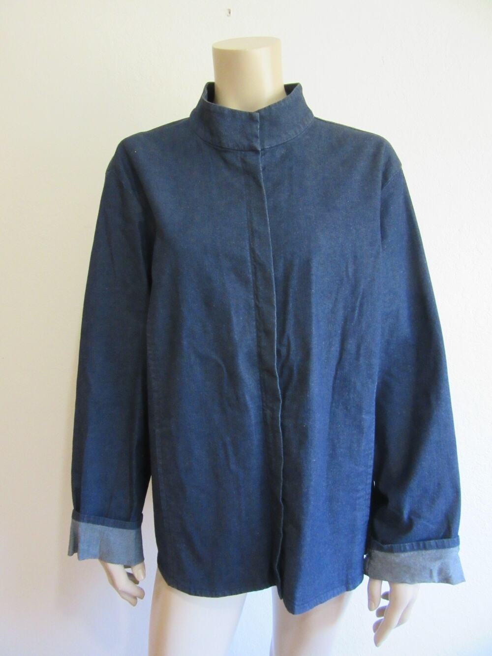 EILEEN FISHER Dark Wash High Collar Full Zip 2X Long Sleeves Denim Jacket-JB3